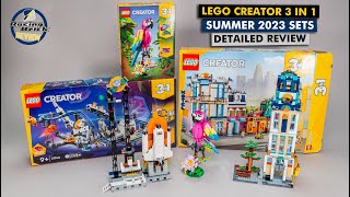 YouTube Thumbnail LEGO Creator 3-in-1 Summer 2023 releases - Main Street, Space Roller Coaster &amp; Exotic Pink Parrot