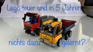 YouTube Thumbnail Lego Technic 42147 Kipplaster im Vergleich mit 42084 von vor 5 Jahren Teuerung und Abfall zugleich?