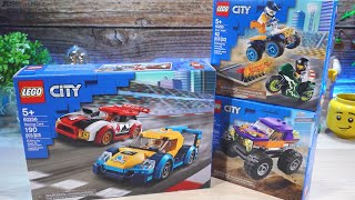 YouTube Thumbnail Pure builds 🔊 LEGO City Racing Cars, Monster Truck, Stunt Team 60256 60251 60255
